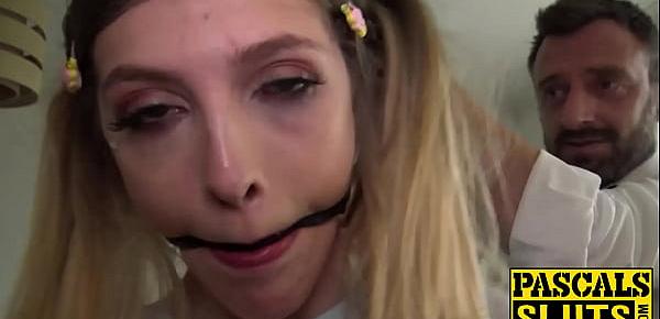 Petite British sub swallowing cum after rough dom treatment